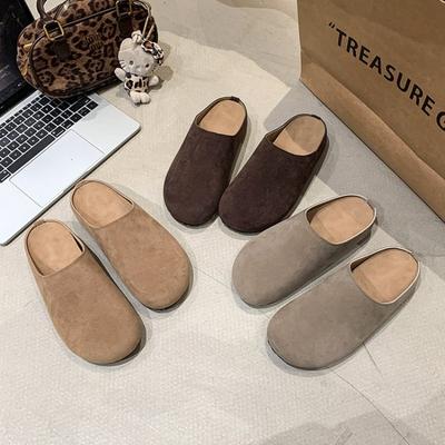 Zapatillas nuevas para mujer de punta cerrada y punta redonda, zuecos de ante, sandalias de otoño, nuevas retro, color sólido, suela plana, zapatos slingback para mujer