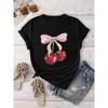 Cherry Bow Pattern Printed T-shirt for Women's Leisure Vacation Short Sleeved Round Neck for Spring and Summer Clothes