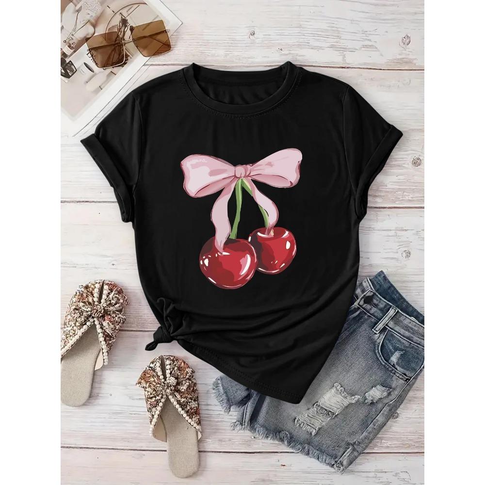 

Cherry Bow Pattern Printed T-shirt for Women s Leisure Vacation Short Sleeved Round Neck for Spring and Summer Clothes S