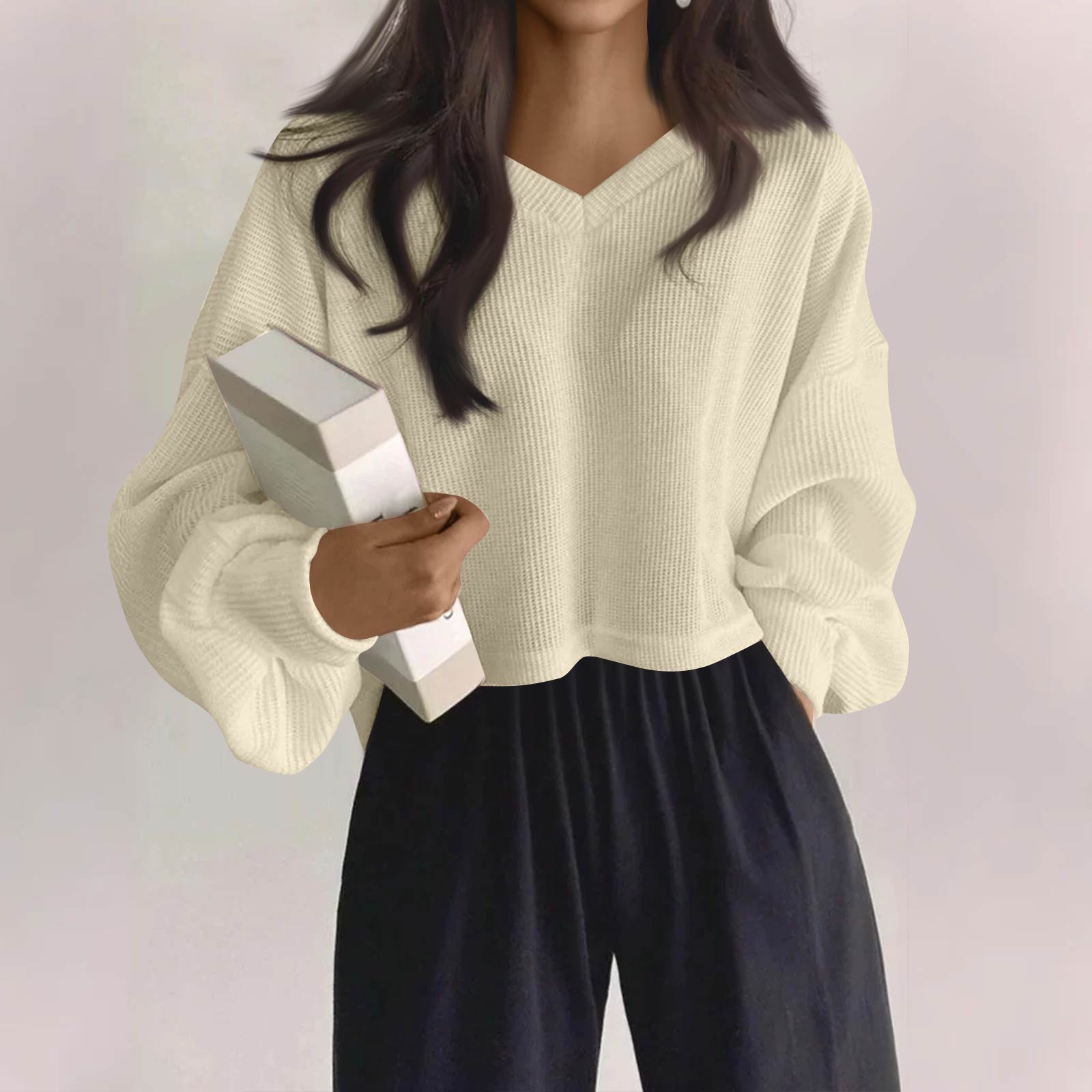 

Women s Fashionable Casual V Neck Solid Color Long Sleeve Top L бежевий