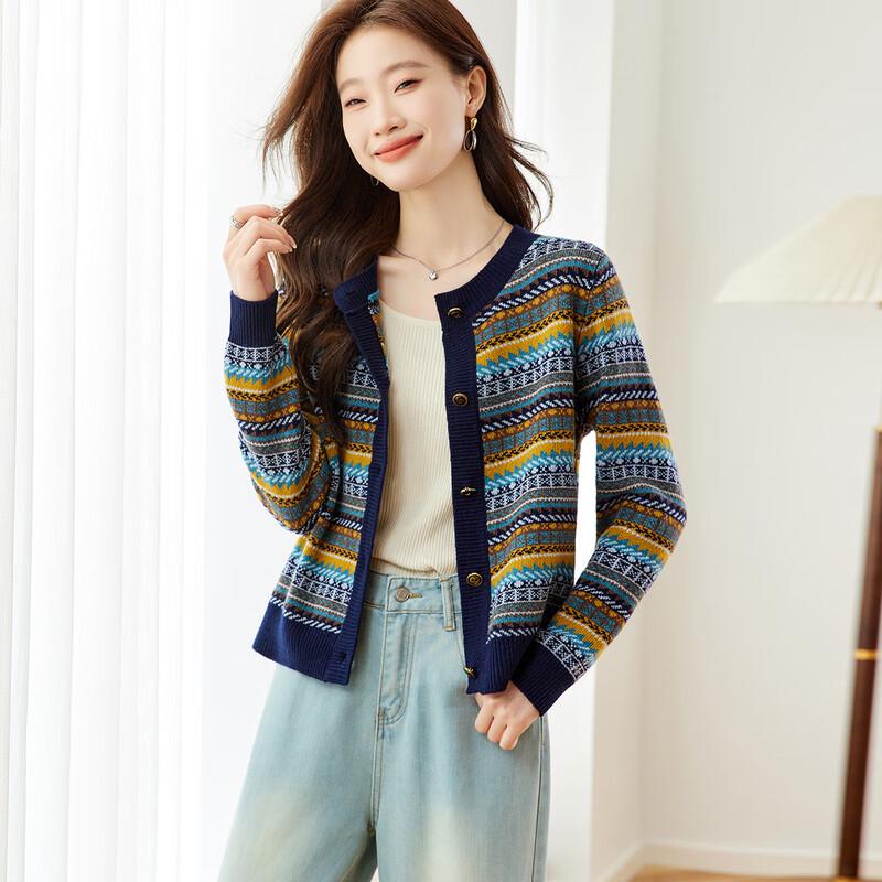 Srcr Women's Retro Jacquard Pure Wool Knit Cardigan