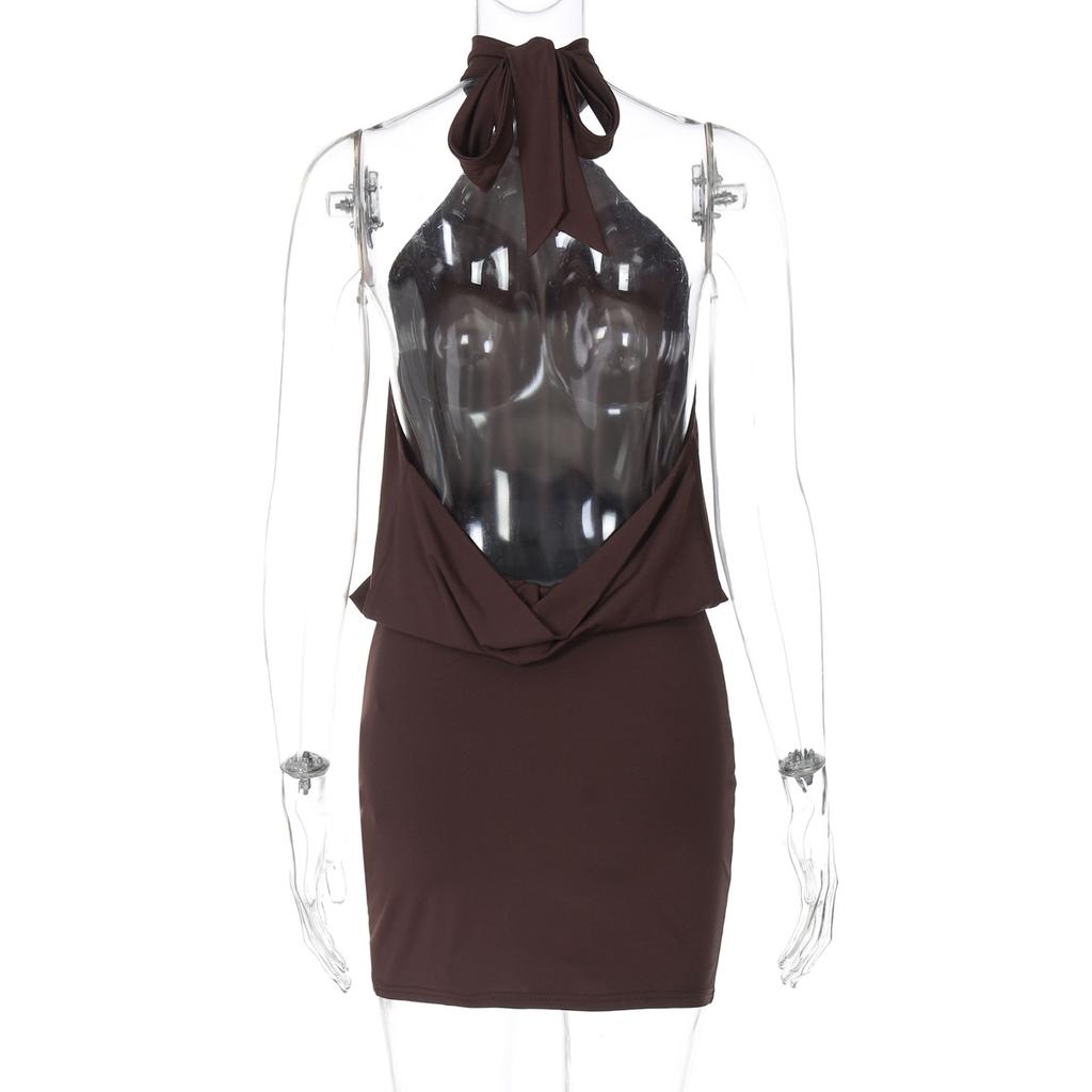 Women's Summer New Sexy Halter Mini Dress Sleeveless Tie Back Backless Ruched Bodycon Slim Fit Night Out Party Club Cocktail Dress