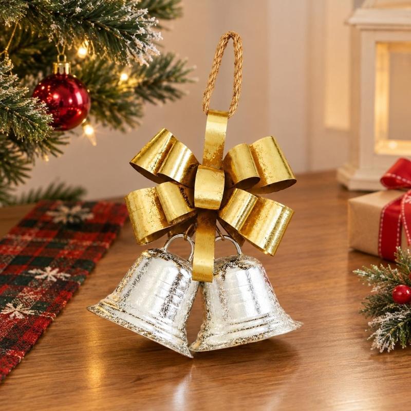 Three-Dimensional Metal Christmas Bowknot Decoration with 2 Iron Bells and Top Hanging Loop for Storefronts and Hotel Lobbies