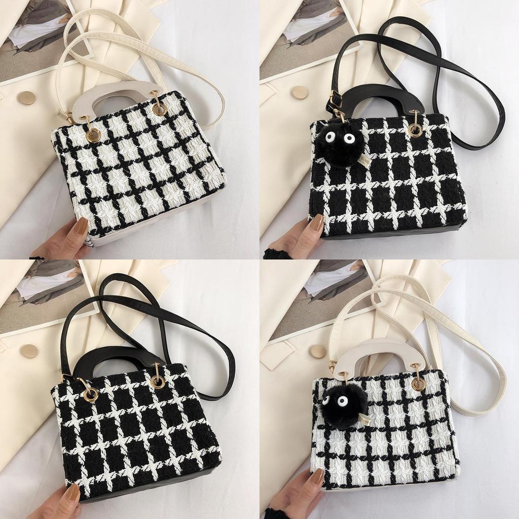 Wool Blend Girl Shoulder Bag With Plaid Pattern For Casual Daily Use