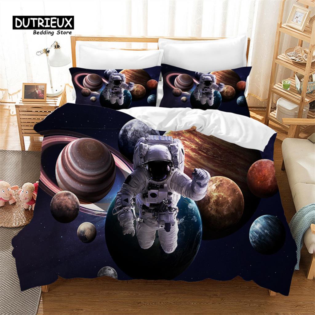 Cartoon Astronaut Duvet Cover King For Boys Girl Galaxy Space Bedding Set Microfiber Rocket Ship Space Adventure Comforter Cover