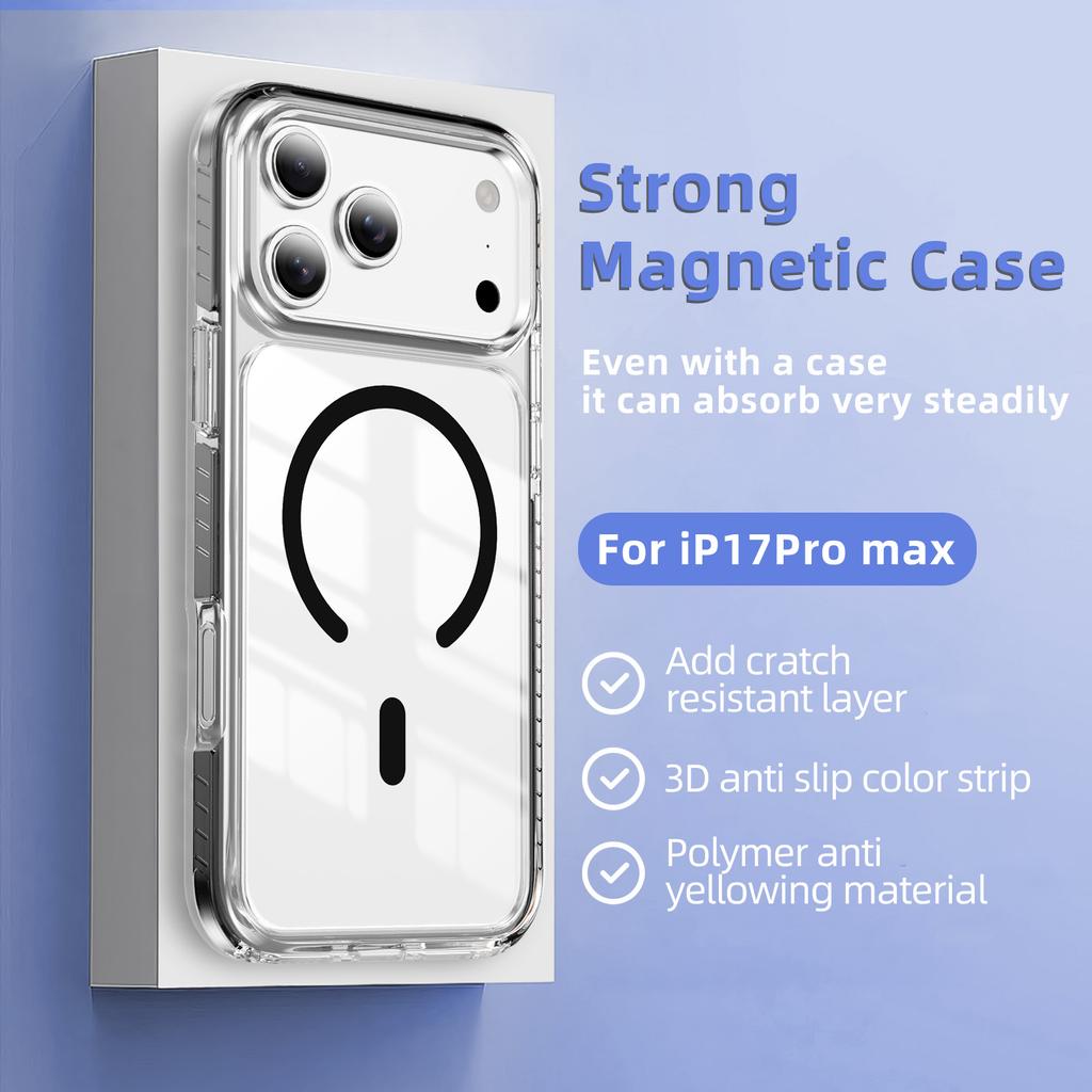 Crystal Clear Magnetic Case With Airbag Shockproof 3D Color Strip For iPhone 12 13 14 15 16 17 Pro Max Wireless Charging