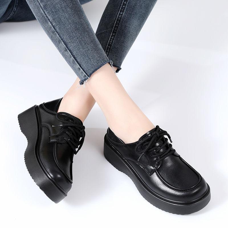 Leather women's shoes spring and autumn platform muffin casual shoes lace-up low-top single shoes small leather shoes