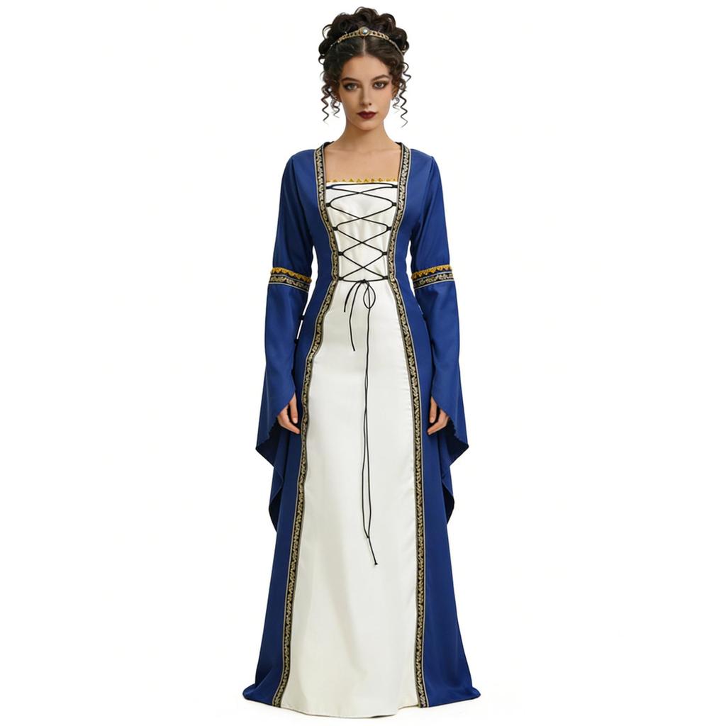Abito Medievale Rinascimentale con Mantello, Abito Lungo Vittoriano con Lacci per Donna, Ideale per Halloween, Cosplay e Feste a Tema