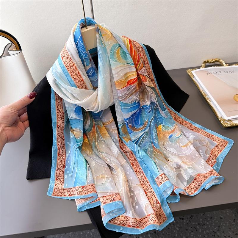 Elegant Printing Flower Cutting Spring and Summer Silk Scarf Large Long Scarf High-end Travel Shawl Sun Protection Women's Scarf Headscarf