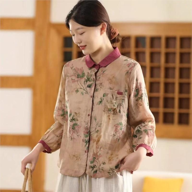 Johnature Camicie da donna stile cinese con stampa floreale, bottoni, top primaverili, colletto rovesciato, maniche lunghe, camicie a bottoni