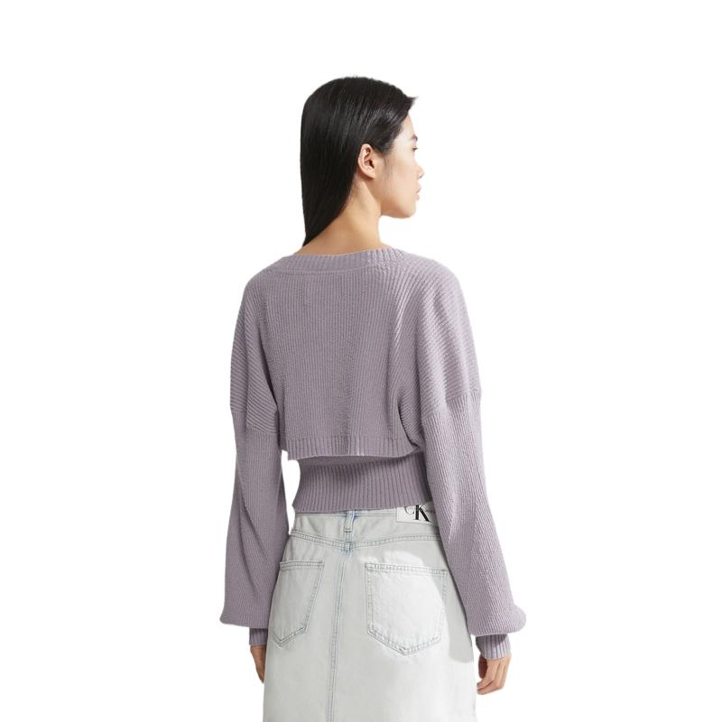 Calvin Klein Solid Color Knitted Cardigan Lantern Sleeve Sweater Women tops Purple J221665-PC1