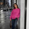 Polyester Women Tops Crew Neck Sweatshirt, Drop Shoulder Long Sleeve Pullover, Loose Soft Sweaters Fit Casual Fall Winter Top with Side Slit Pullovers