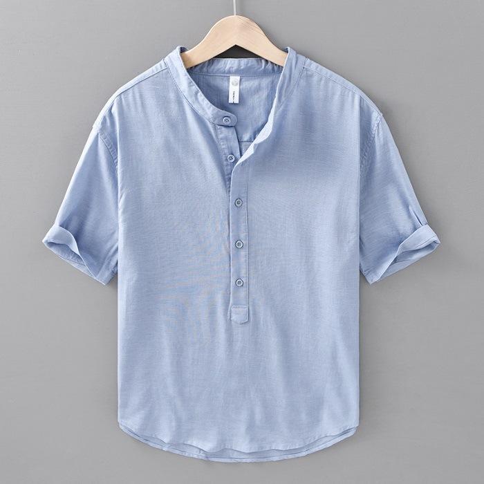 Cotton and Linen Stand Collar Summer Short-sleeved Shirt Pullover Simple Casual Linen Shirt