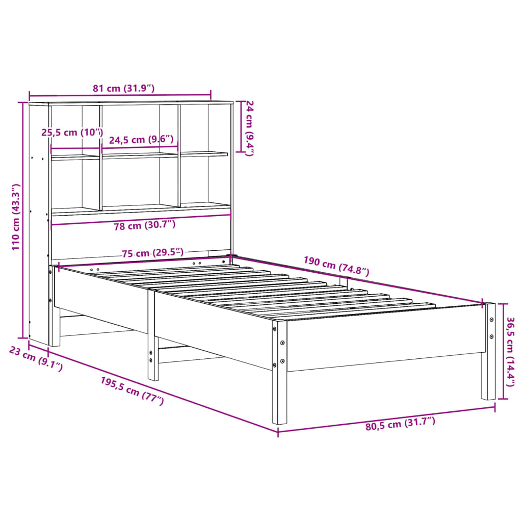 Solid Wood Bed with Shelf Without Mattress Wax Brown 75x190 cm