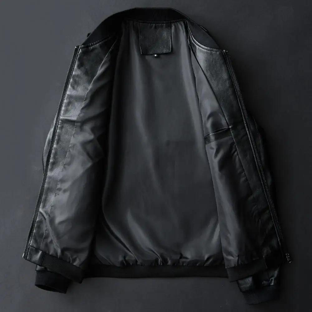 Men's Jacket Fashionable Men's Faux Leather Motorcycle Jacket Windproof Stand Collar Zipper Closure Pocket Autumn and Winter Soft Men