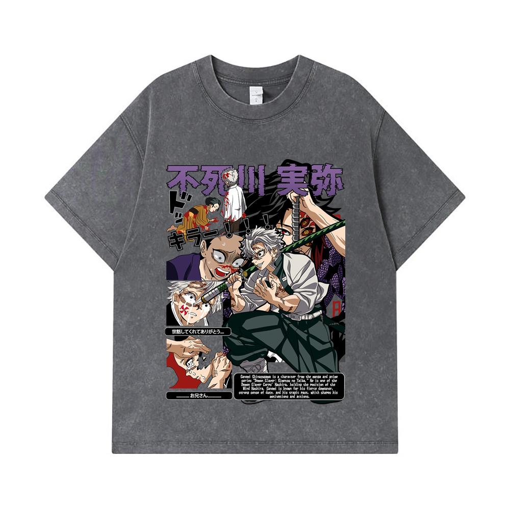 275 GSM Washed T-shirts 100% Cotton Demon Slayer V15 Sanemi Print Unisex Heavy Cotton T Shirt