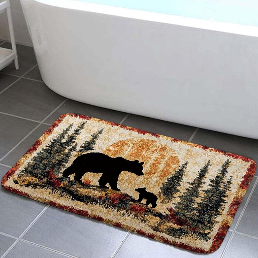 Bear Rug Mat Farmhouse Bathroom Rugs Animal Black Bear Forest Trees Rustic Cabin Carpet Camping Bath Rug Sets for Bathroom Bedroom Kitchen Outdoor