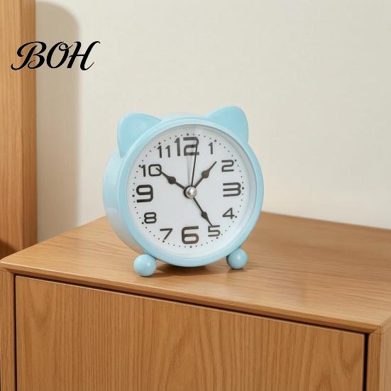 Silent Movement Desk Clock Cat Ear Alarm for Kids, Non-Ticking Metal Analog Small Clock, Battery Powered Home Office Decor Easy To Read