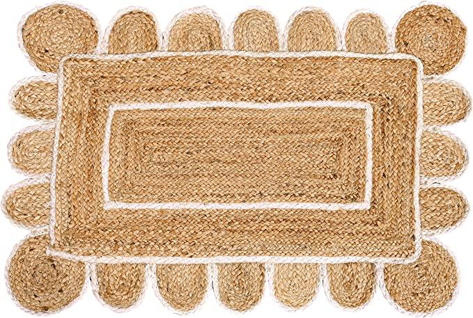 

Плетеный джутовый декор с белым зубчатым краем Коллекция Классический качественный натуральный ковер ручной работы 90cm x 150cm естественный