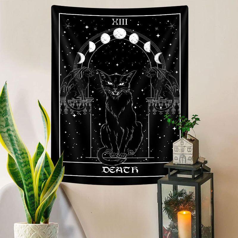 Gothic Tarot Death Black Cat Tapestry Wall Hanging Moon Phases Stars Witchy Occult Aesthetic Wall Art Bedroom Dorm Decor