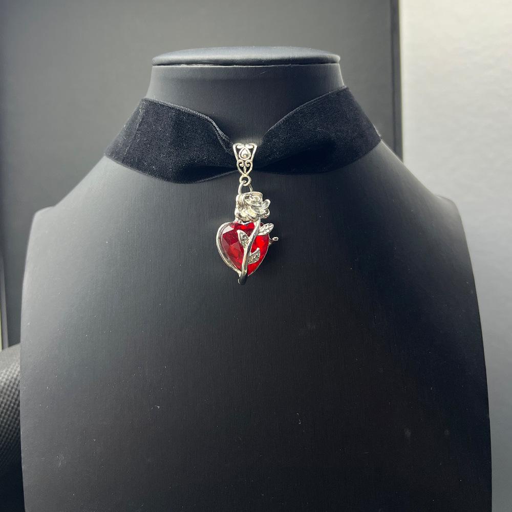 Gothic Punk Velvet Rose Cross Heart Choker Necklace - Y2K Retro Style
