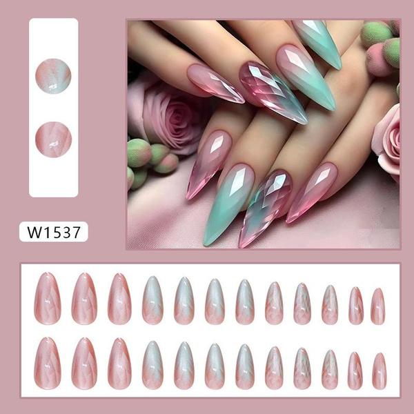 24pcs Almond False Nails French Crystal Fake Nails Full Cover Press On Nails Detachable Nail Tips Nail Art