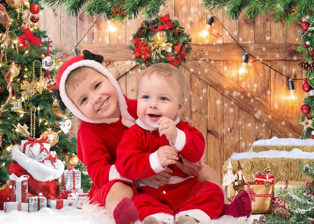7x5FT Christmas Barn Wood Door Photography Backdrop Xmas Tree Snow Gift Wall Floor Party Photo Background for Holiday Ne