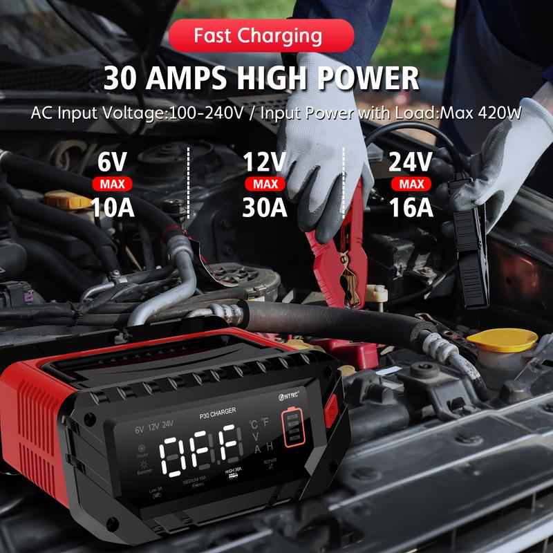 12V 30A/26A/20A Smart Car Battery Charger LCD 6V-12V-24V for Motorcycle Trickle Lithium LiFePO4 Lead-acid AGM Battery Repair