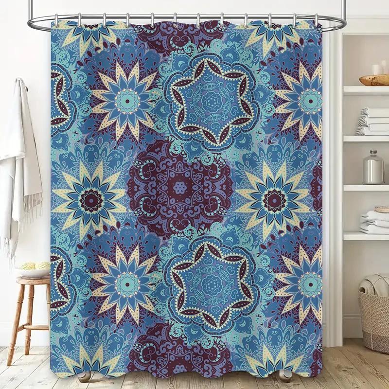 Blue Boho Mandala Bath Shower Curtain Floral Pattern Decorative Rug Mat for Bathroom Polyester Fabric with Hook Loop Holder Ring