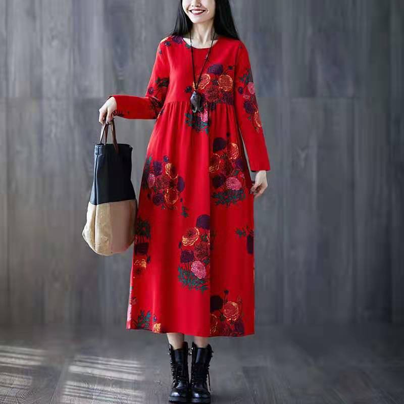 Ladies Spring and Autumn Long-sleeved Dress Retro Loose Large Size Ethnic Style Long Print New A-line Skirt