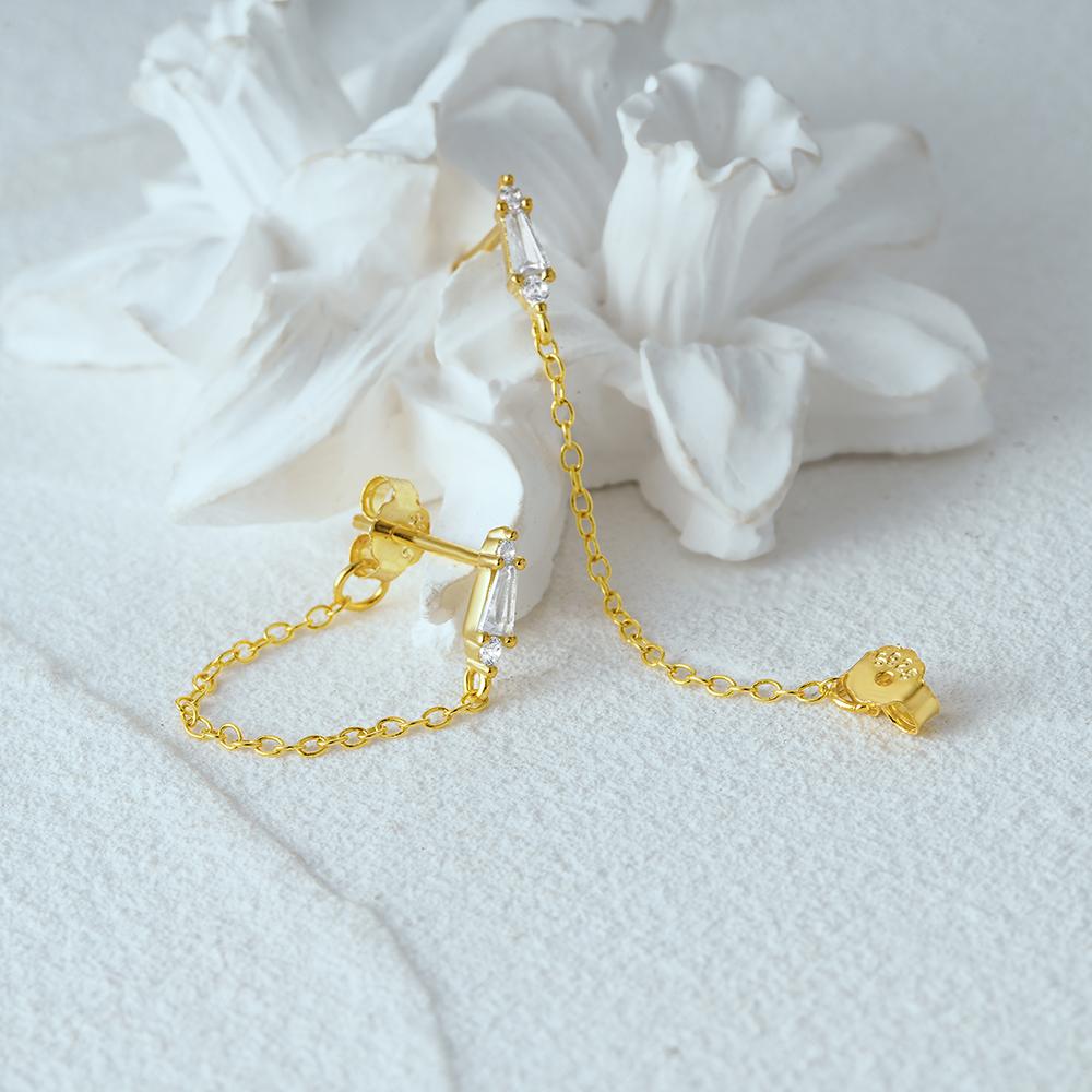 Fashion Jewelry 925 Sterling Silver Earrings Geometric Diamond Zircon Chain Tassel 18K Gold Plated Stud Earrings for Women