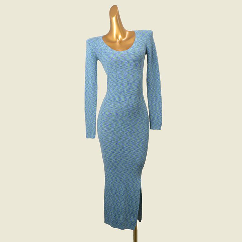 

Colorful Thread Low round Neck Long dress Western Style Early Autumn Side Slit Slim fit Knitted dress Foreign Trade Woolen Dress Cyan L