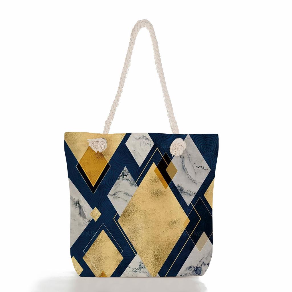 Multifunctional Geometric Shapes Printed Thick Rope Shoulder Beach Bag Casual Large Capacity Handbag 7591