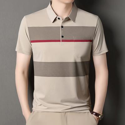 Sommer Neues Herren Kurzarm T-Shirt mit breiten Streifen und farblich abgesetzten Taschen Halbarm Lässiger Kragen