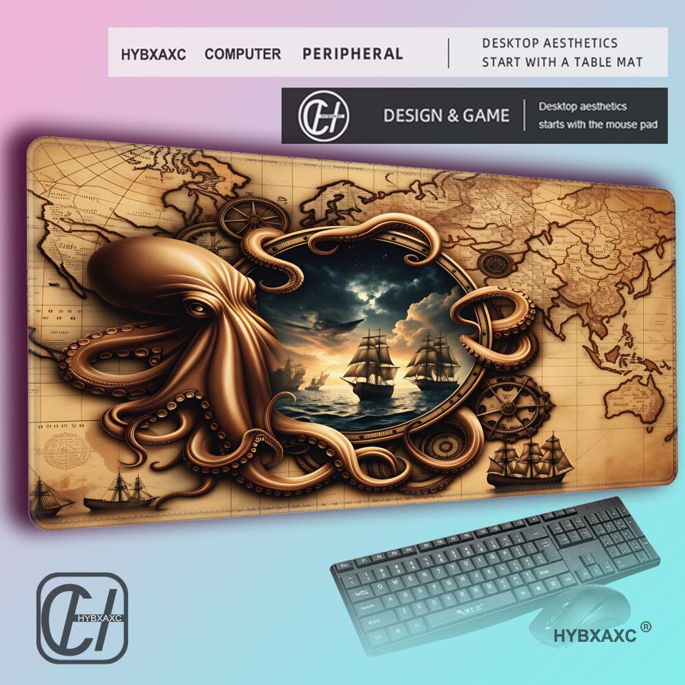HYBXAXC Vintage Deep Sea Monster Extended Desk Mat Ocean Sea Monster Pattern Gaming MousePad Thick Lockedge Keyboard Mat