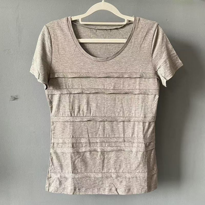 

Summer Women s Retro Pure Cotton Short-Sleeved U-Neck Pullover Pure Color T-shirt Stretch Plaid Lace Decoration Casual All-Matching Tops Grey 2 M