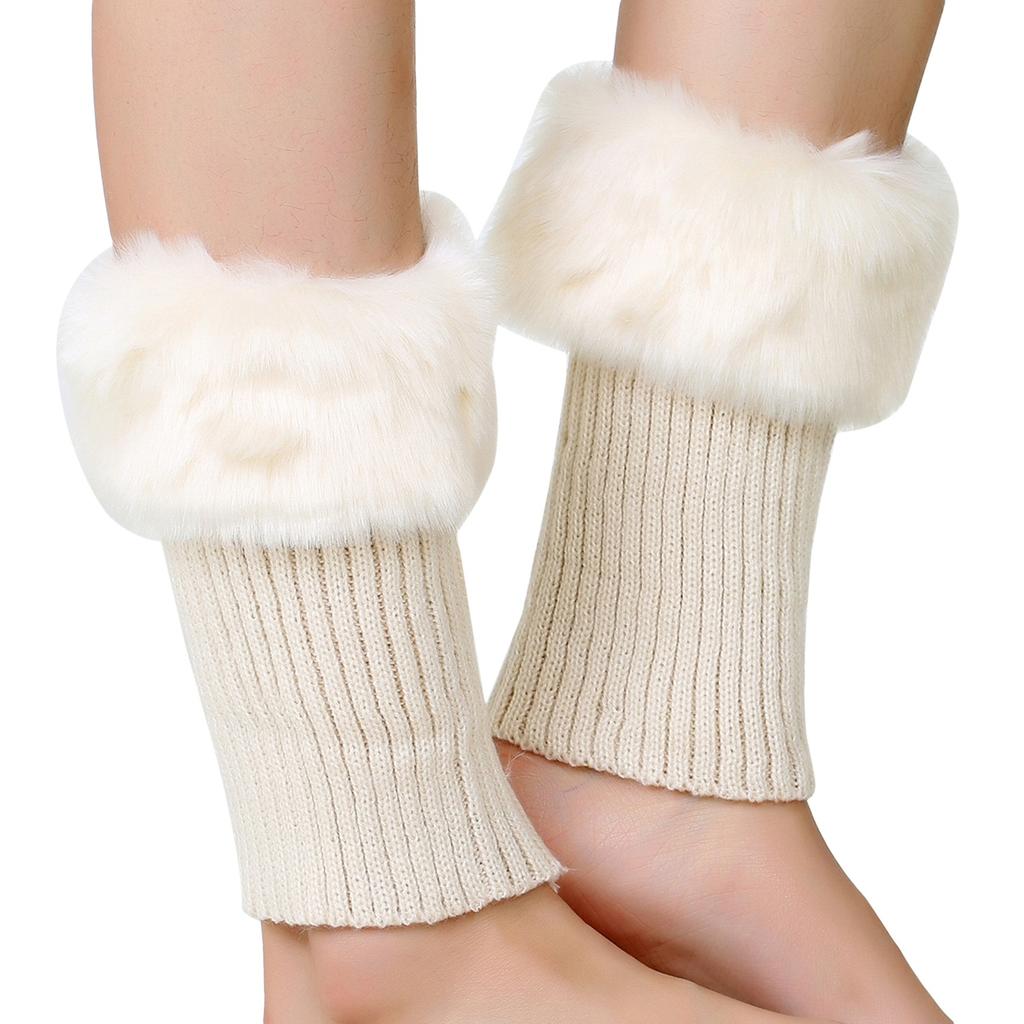 Women Leg Warmers Winter Autumn Lady Crochet Knitted Turn-over Fur Trim Leg Boat Socks Thick Boot Cuffs Toppers Foot Cover Warm
