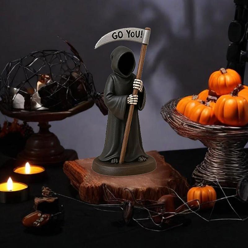 Gothic Emotional Support Figurine Grim Reaper Statue Halloween Decoration Holding Coffee & Cat Resin Desktop Ornament