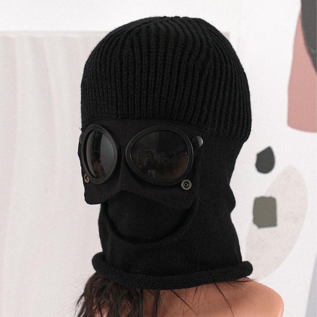 Winter explosion outdoor cycling warm knitted hat men's and women's windproof and cold-proof glasses mask integrated thickened wool cap