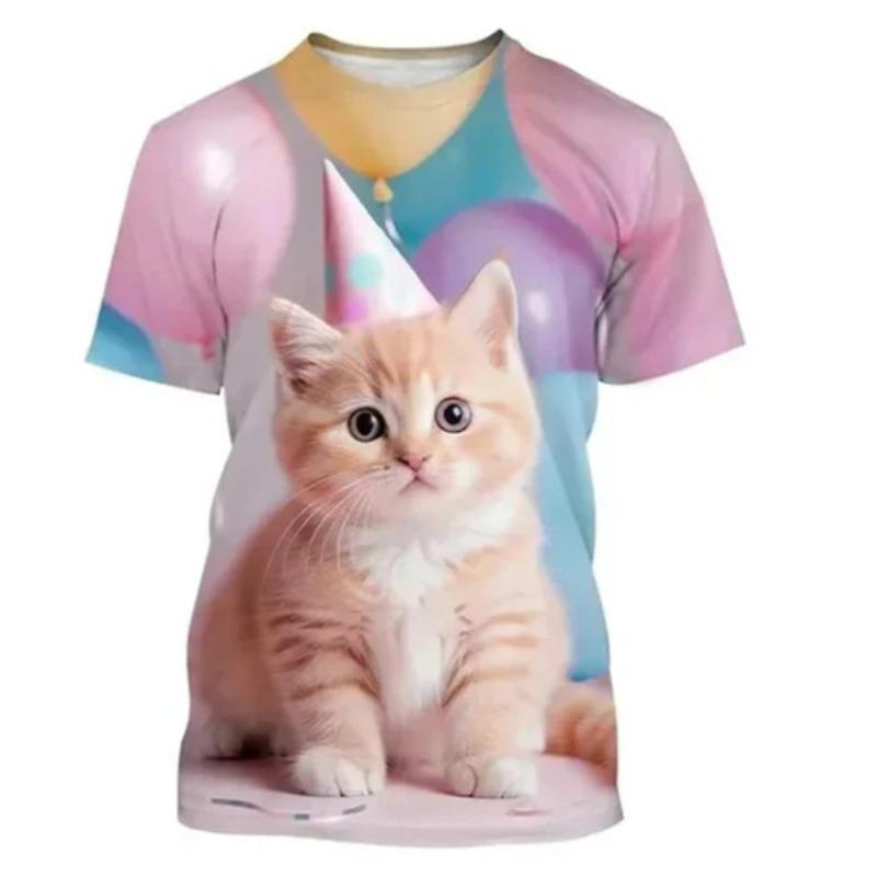 Summer 3D Cat Fashion Printed T-shirt Cute Animal Theme Men Women Casual Comfortable Short Sleeved Round Neck T-shirt