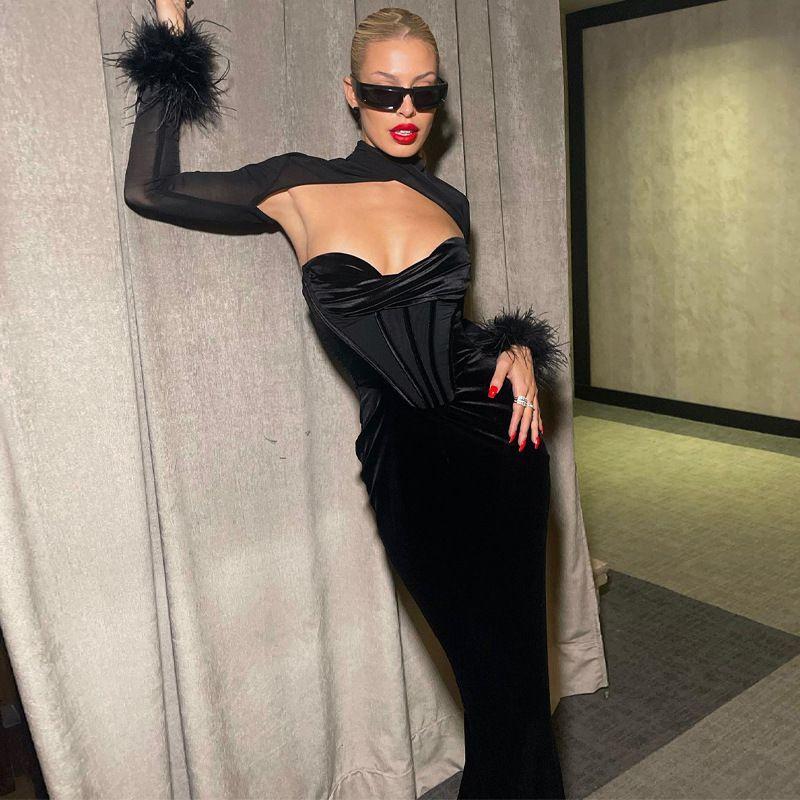 

Мода 2023 Лето Женская одежда Новое Плюшевое Сетчатое Шитье Сексуальный Стиль Ночного Клуба Вырез Длинное Платье Приталенное Платье Black S