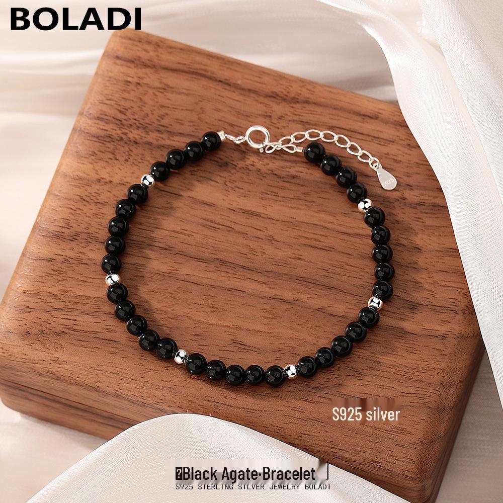 Vielseitiges S925 Sterling Silber & Schwarzer Achat Minimalistisches Mehrreihiges Armband für Damen