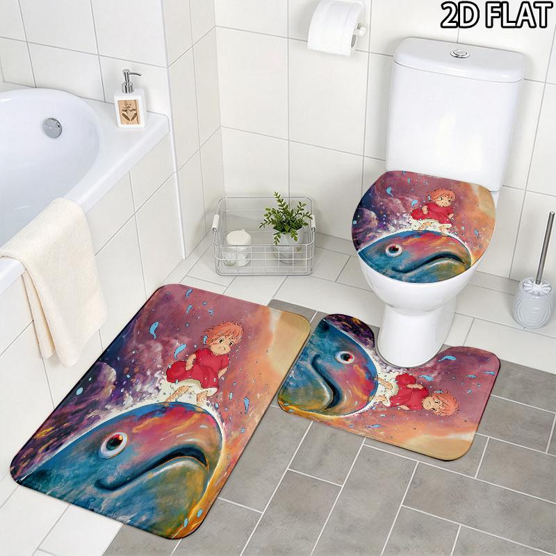 3pcs Ponyo2 Pattern Flannel Nonslip Absorbent Washable Decorative Bathroom Home Toilet Seat Cover Mat