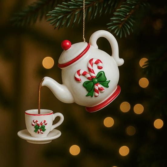 Christmas Teapot Ornament Vintage Christmas Tea Cup And Pot Hanging Decor with Pouring Tea Effect Gift for Tea Lovers