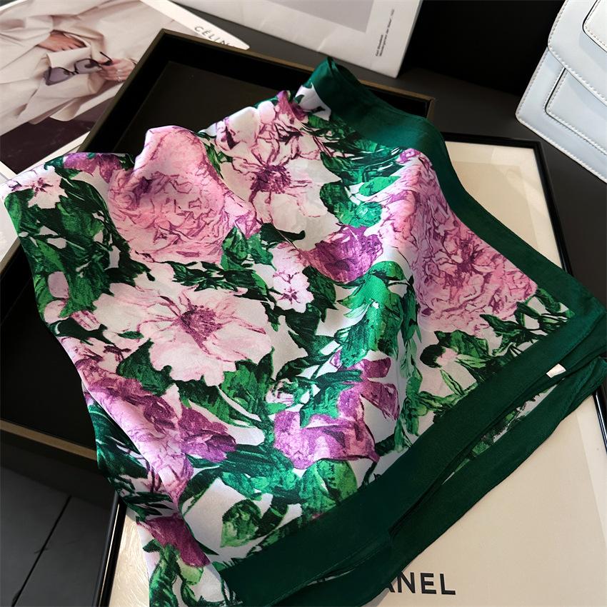 New Luxury Women Silk Scarves Square Flower Plants Printed Shawl Bandana Designer Scarf Headband Lady Fashion