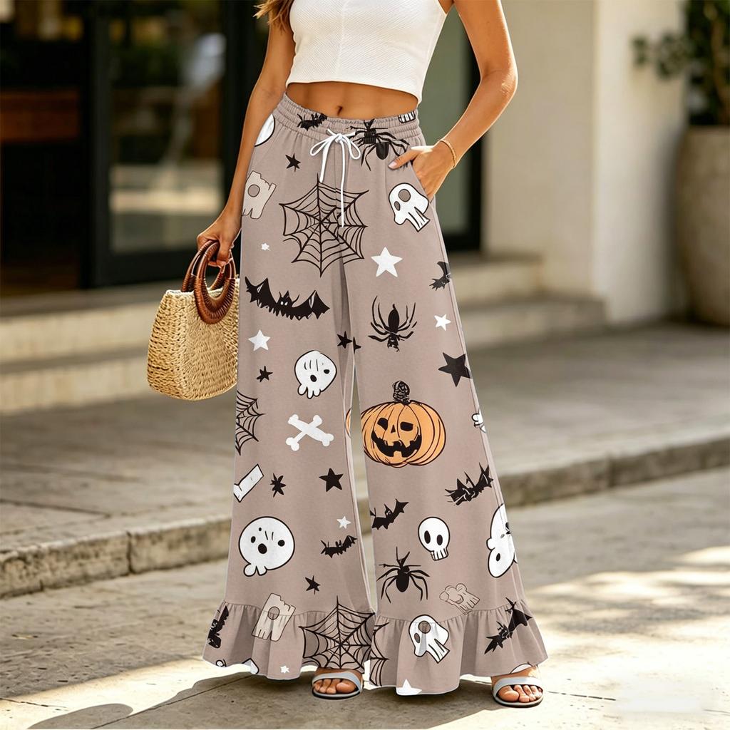 Women's Wide Leg Pants with Pockets High Waist Drawstring Floral Print Loose Casual Long Trousers Ruffled Hem