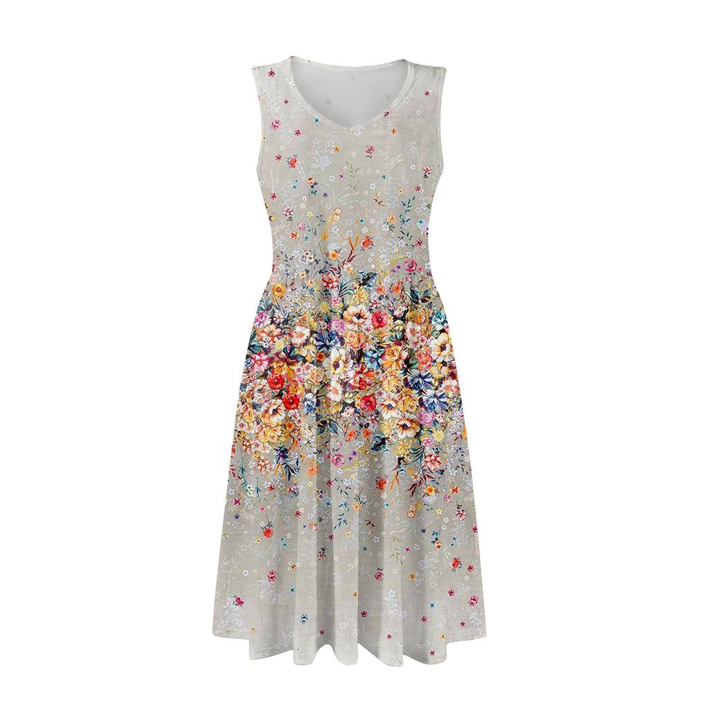Summer Casual Midi Dresses For Women Vocation  Elastic Waist Sleeveless Knee Length Sundress With Pockets Loose Fit