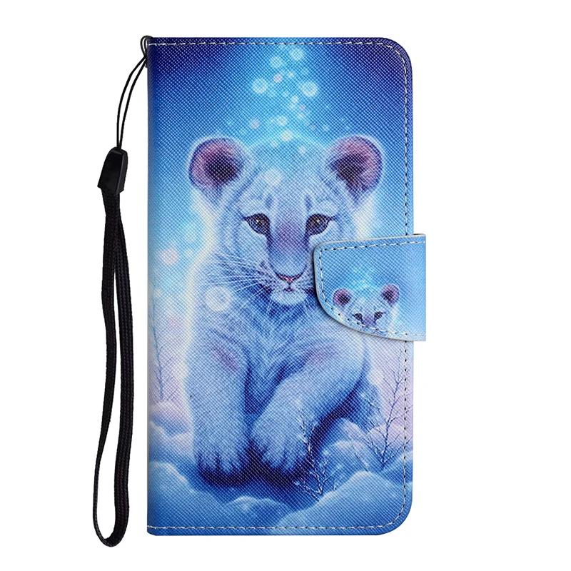 Leather Flip Phone Case For iPhone 11 XR X XS 7 8 SE 2020 SE 2022 Lion Cat Flower Painted Wallet Card Holder Back Cover