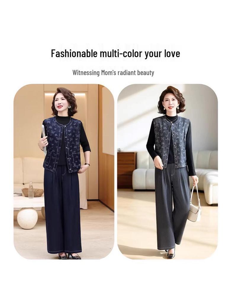 Korean Style Autumn Fashion Set: Middle-Aged Women's Casual Three-Piece Outfit Featuring Top, Wide-Leg Pants, and Vest.