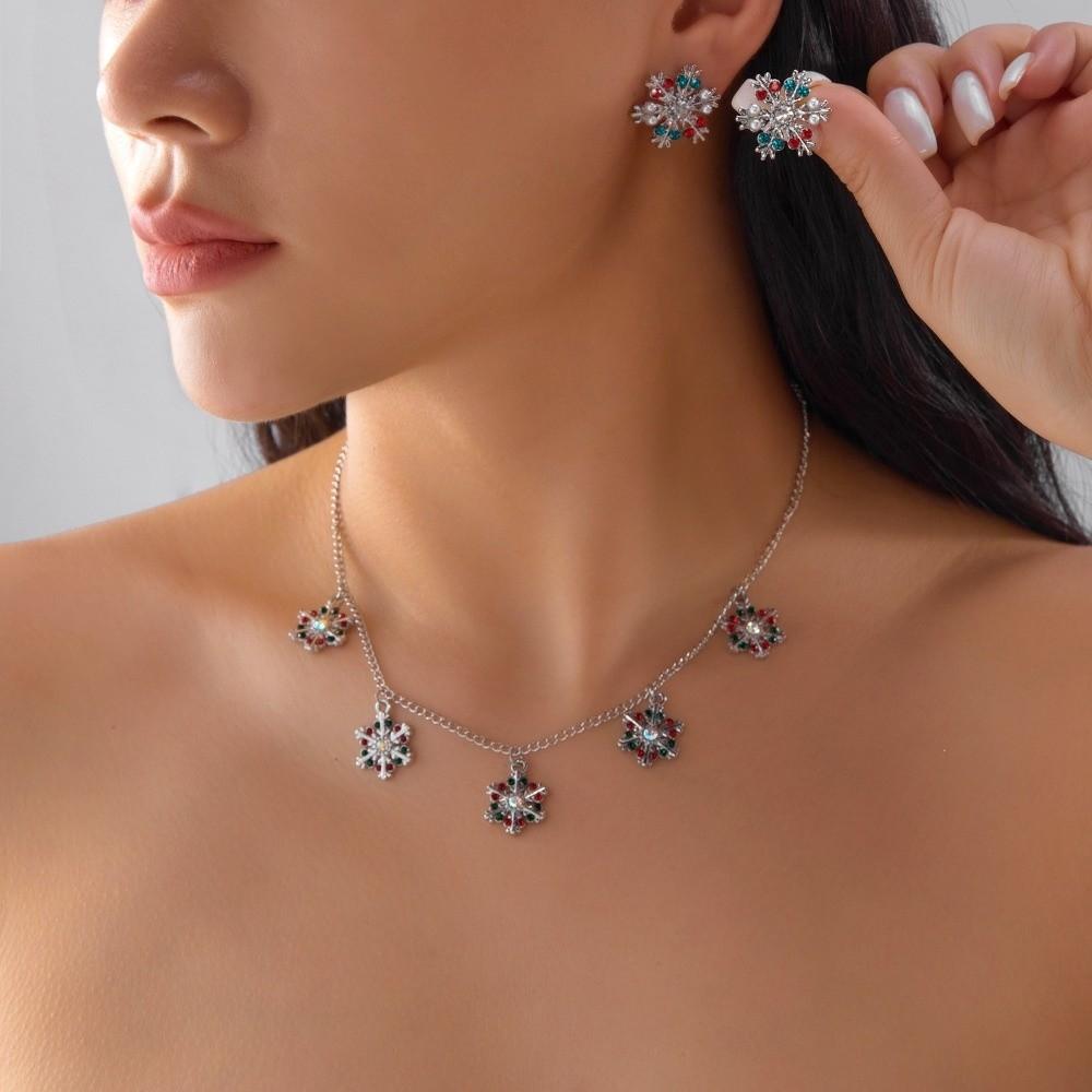 Zinc Zinc Zinc Alloy Xmas Dangle Earrings Rhinestone Snowflake Necklace Christmas Jewelry Set  Gift
